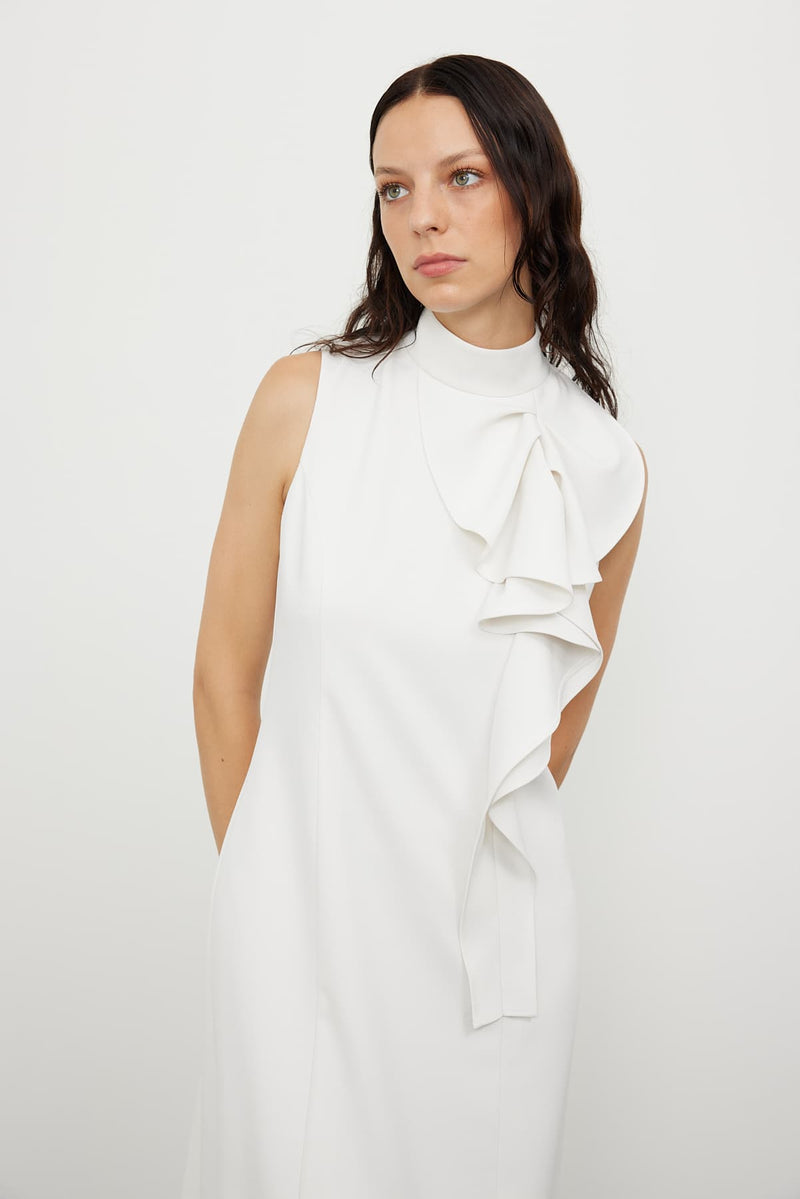 Roman Flounce Sleeveless Crepe Dress  Ecru