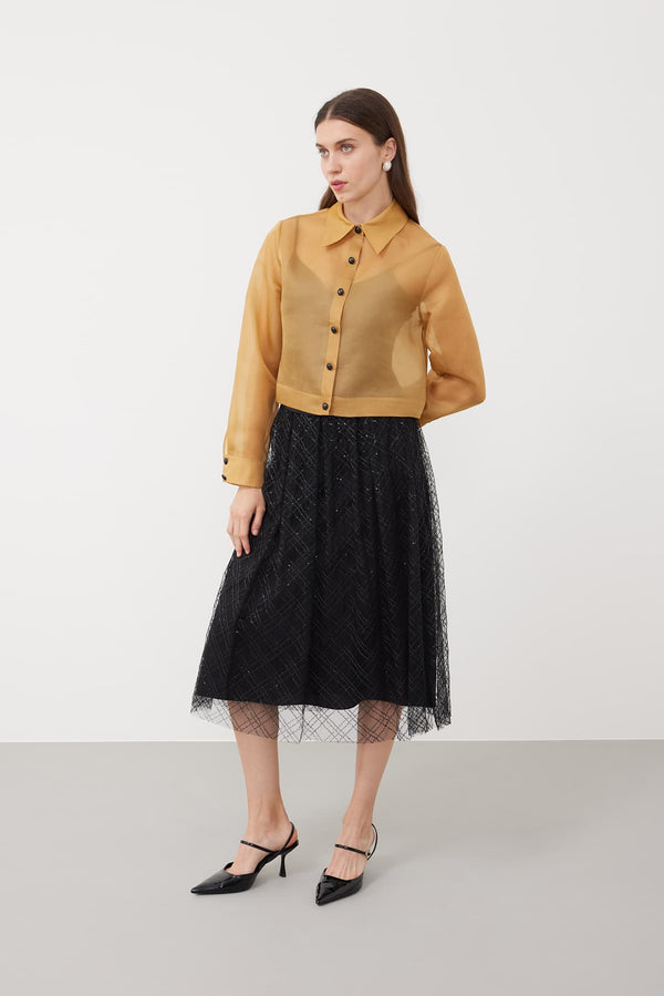 Roman Pearl Button Crepe Organza Shirt Camel