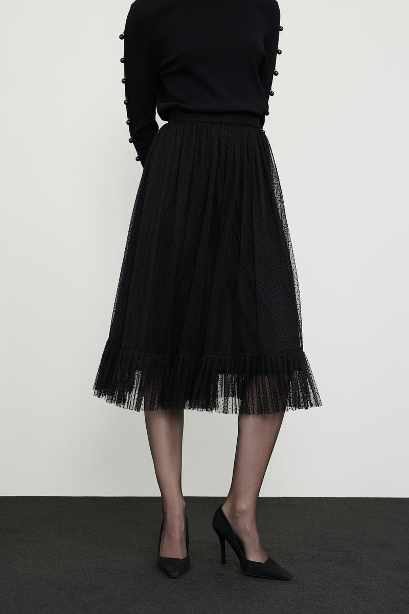 Roman Dotted Pattern Tulle Skirt Black