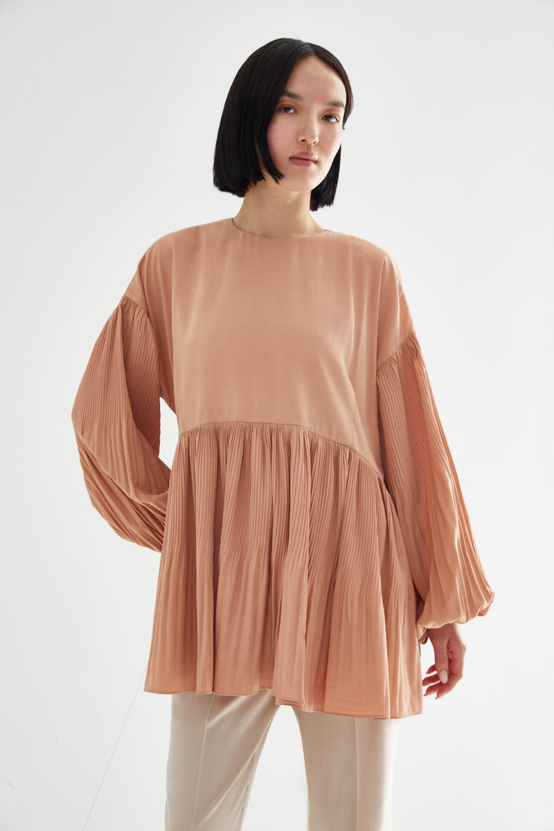 Kevsersarioglu Balloon Sleeve Pleated Blouse Beige