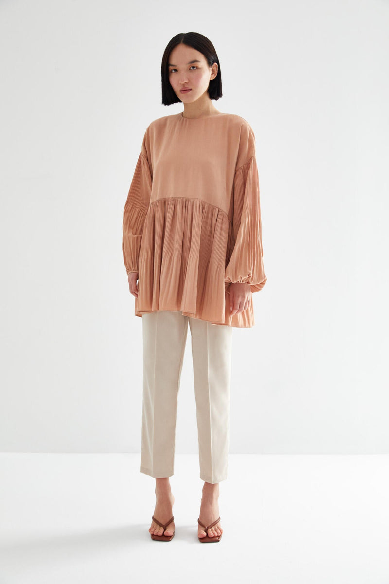 Kevsersarioglu Balloon Sleeve Pleated Blouse Beige