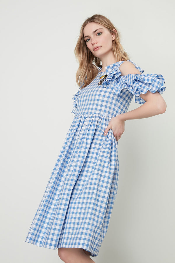 Machka Checkered Cold Shoulder With Ruffle Detail A-Line Short Dress Sky Blue