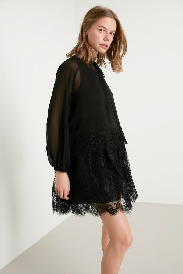 Machka Long Sleeve Lace Detail Dress Black