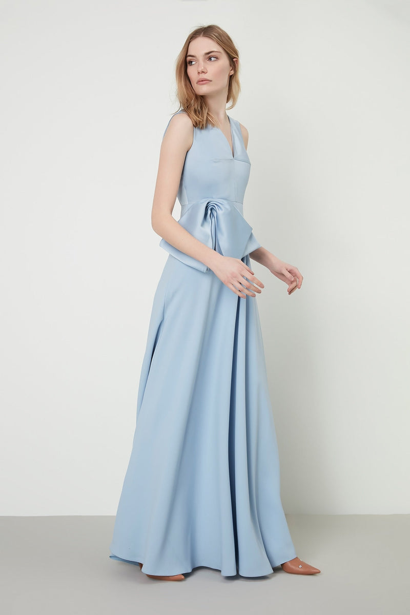 Machka Sleeveless Bow Detail A-Line Long Dress Sky Blue