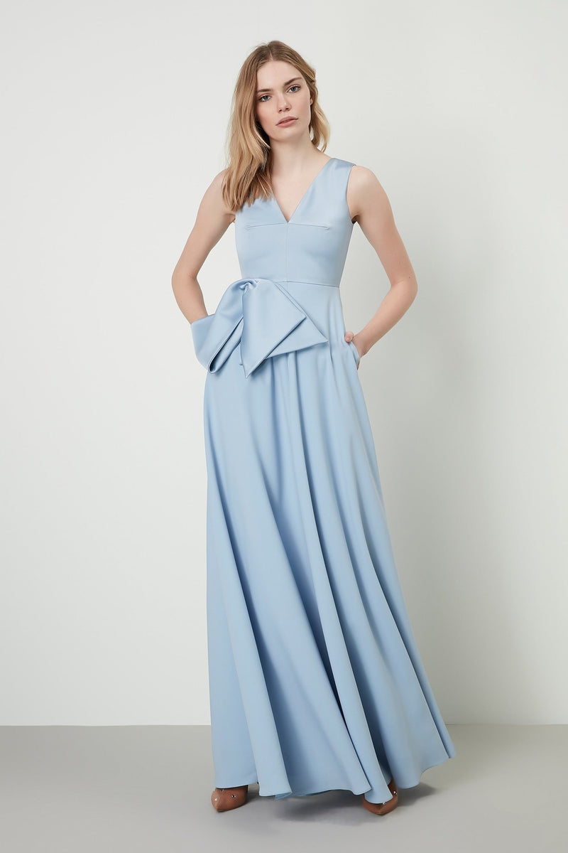 Machka Sleeveless Bow Detail A-Line Long Dress Sky Blue