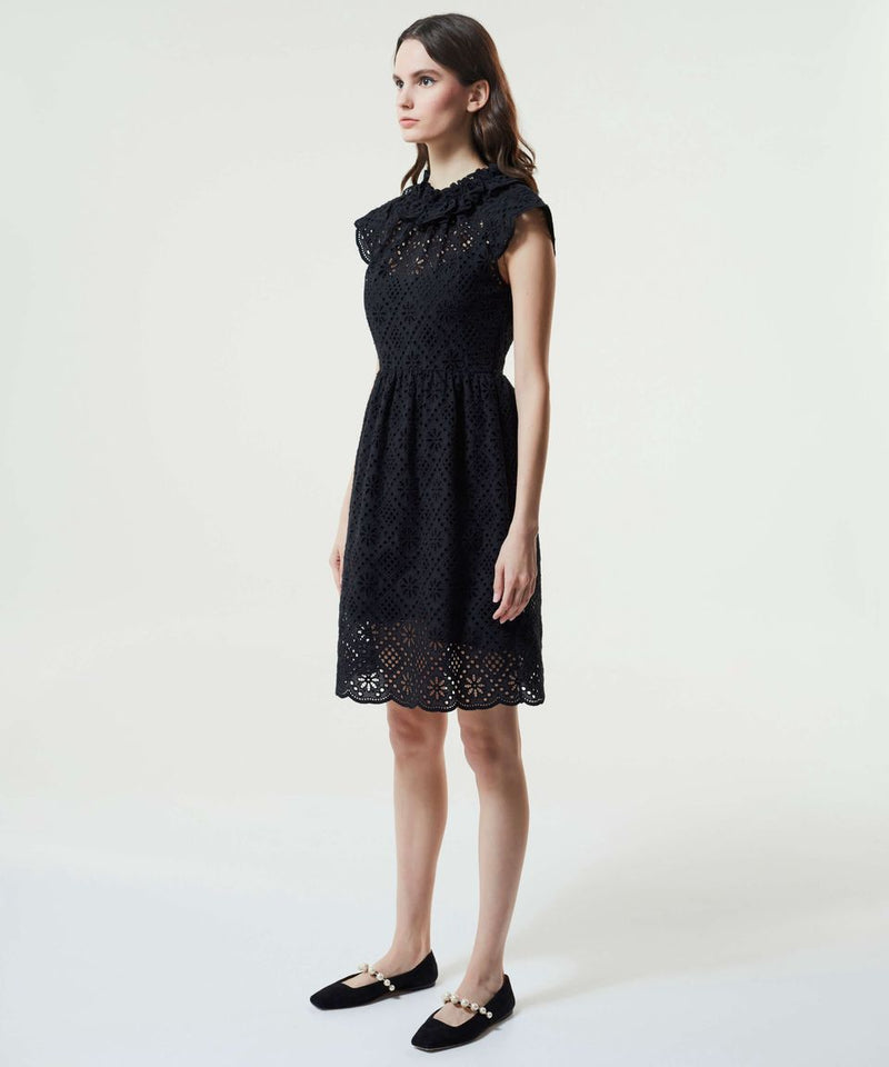 Machka Ruffle Collar Embroidered Dress Black