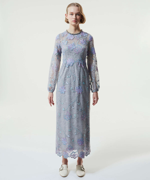 Machka Flower-Embroidered Maxi Dress Grey