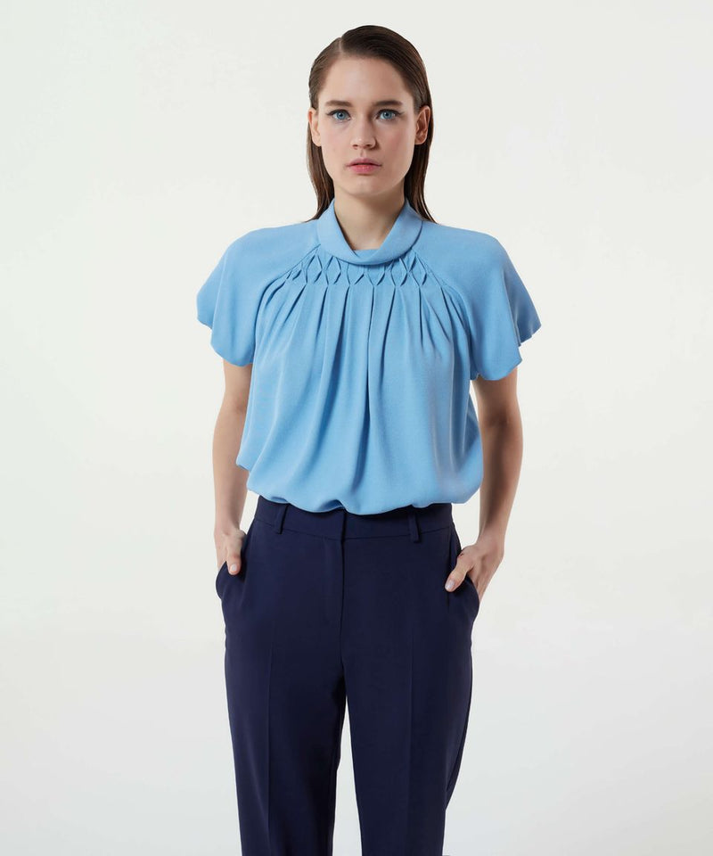 Machka Balloon Sleeve Crepe Blouse Blue