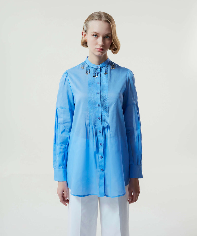 Machka Embellished Pintuck Shirt Blue