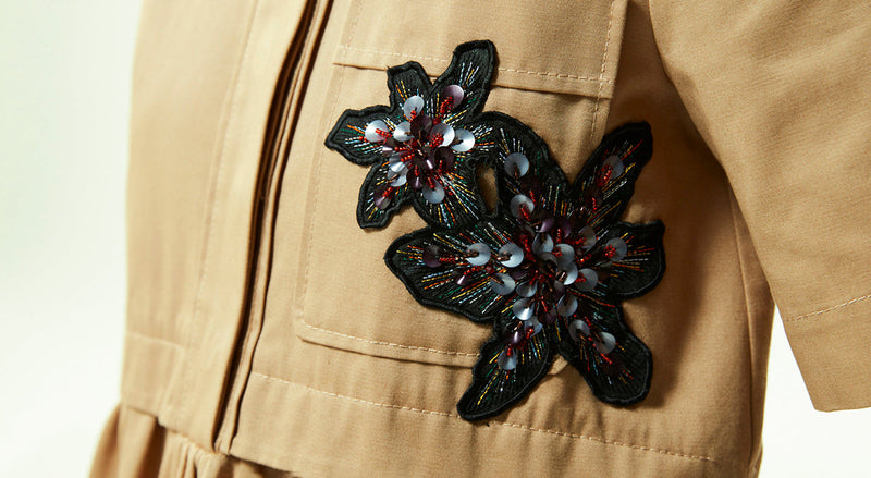 Machka Floral Module-Embroidered Twill Dress Tobacco Leaves