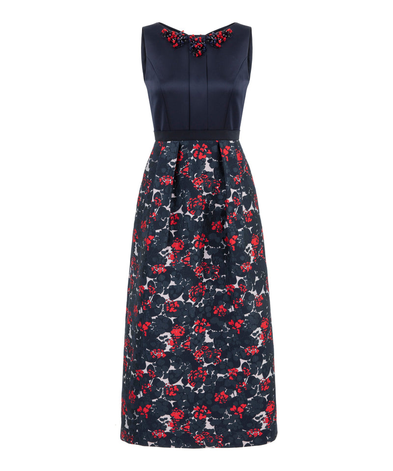 Machka Floral-Embroidered Jacquard Midi Dress Navy Blue