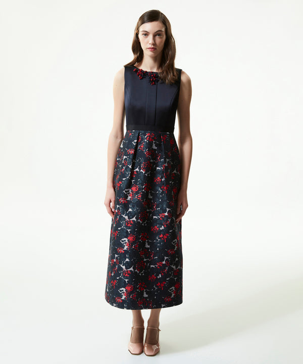 Machka Floral-Embroidered Jacquard Midi Dress Navy Blue