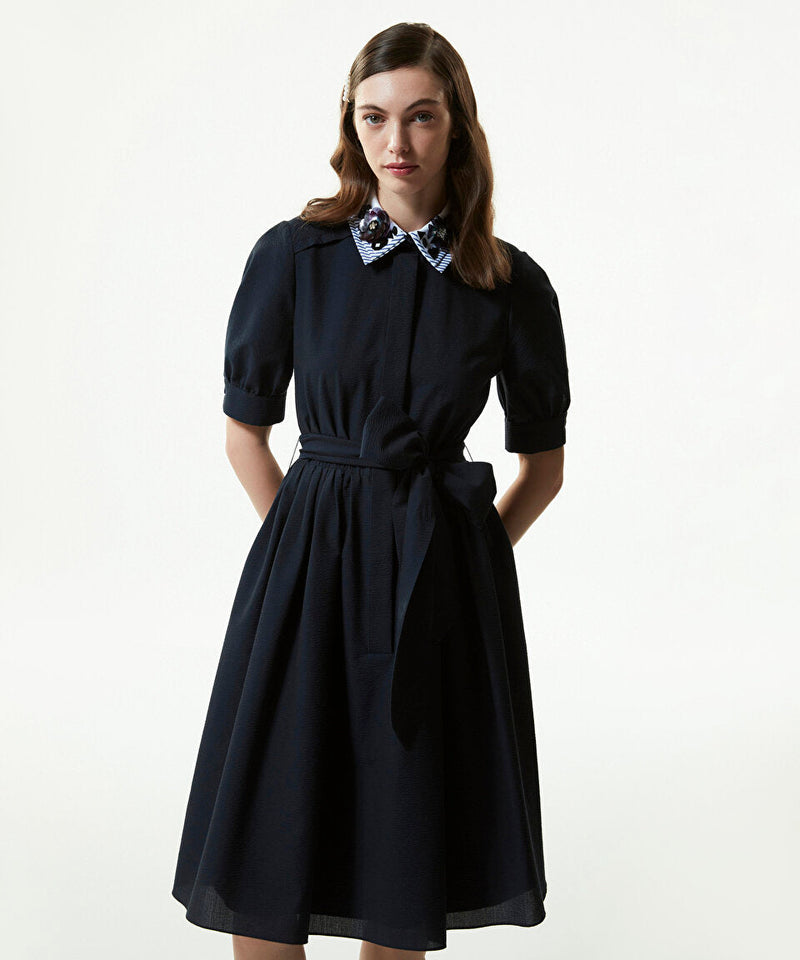 Machka Midi Dress With Contrast Poplin Neckline Navy Blue