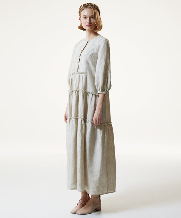 Machka Line Pattern Linen Maxi Dress Natural