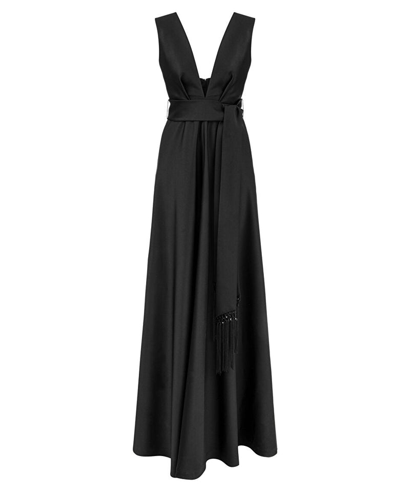 Machka Deep V-Neck Maxi Dress With Belt Black