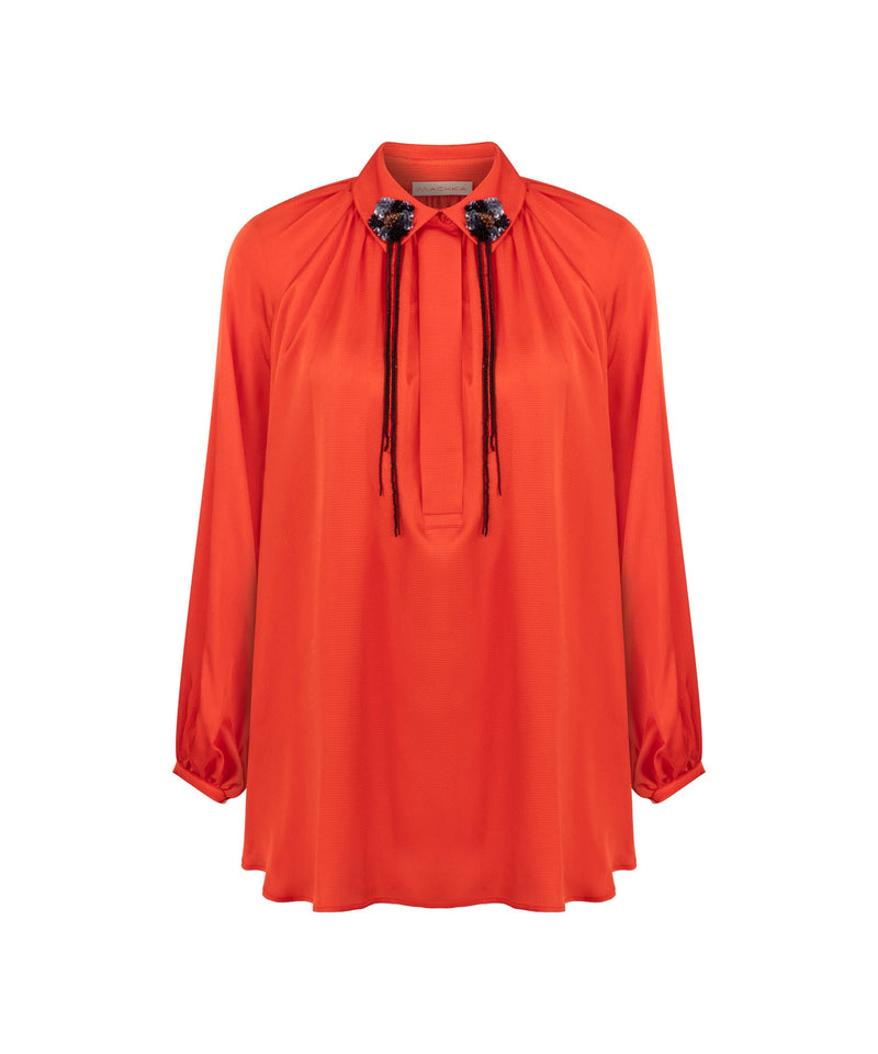 Machka Wide Cut Blouse With Floral Module Embroidered Orange