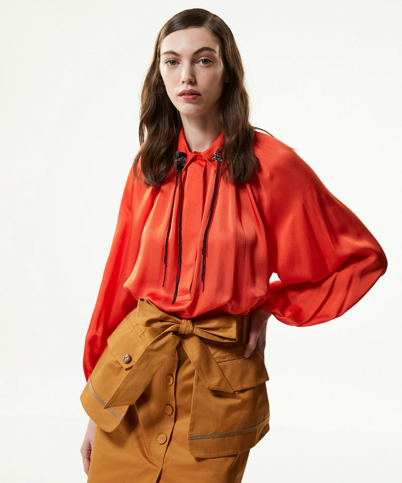 Machka Wide Cut Blouse With Floral Module Embroidered Orange