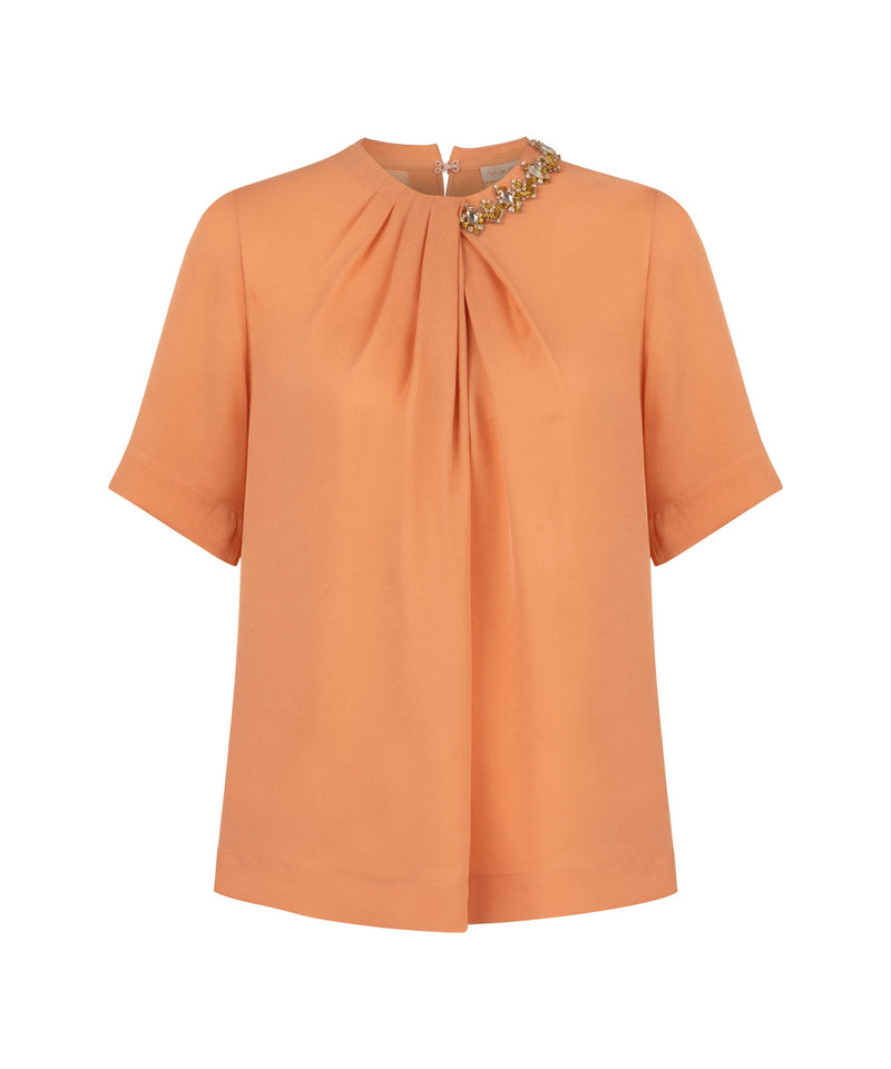 Machka Crystal-Stone Shirred Blouse Salmon