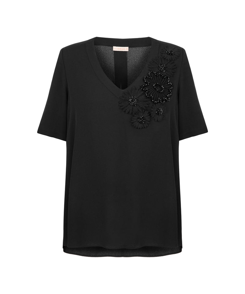 Machka Floral Module Embroidered Crepe Blouse Black