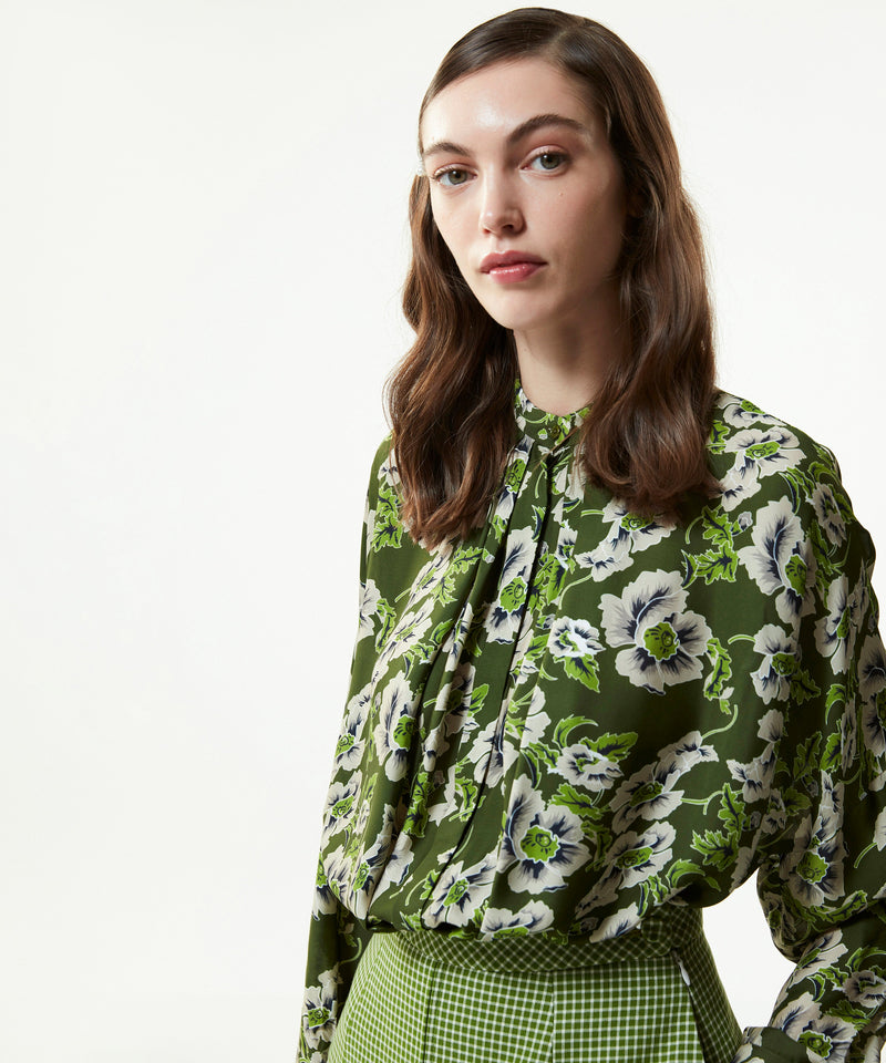 Machka Floral Print Collar Tunic Blouse Green