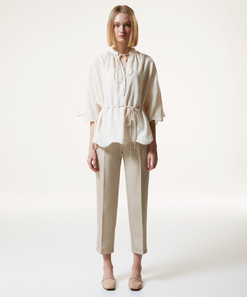 Machka Collar Tie Detail Jacquard Blouse Off White