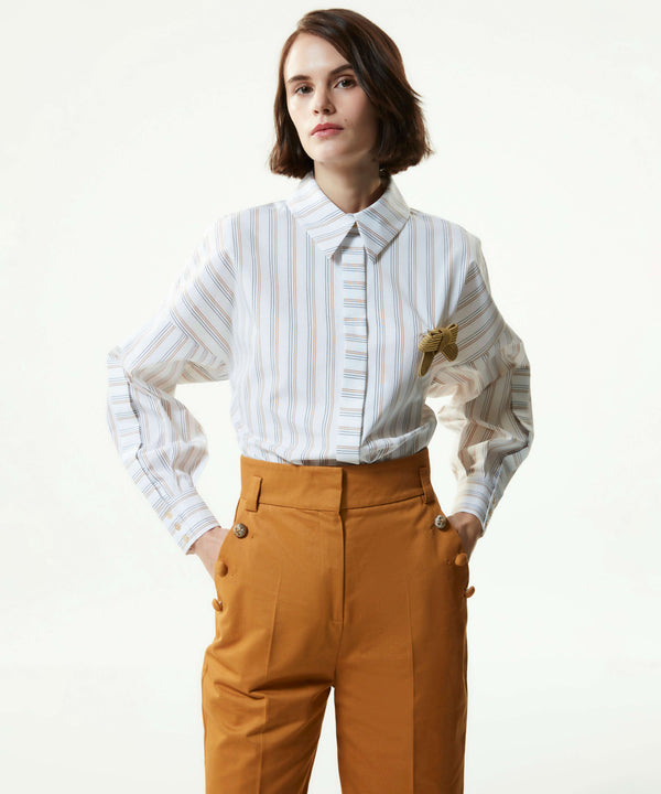 Machka Stripe Pattern Shirt With Detachable Bow Brooch White