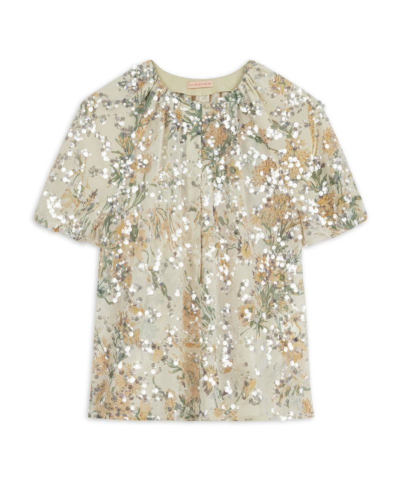 Machka Floral Pattern Sequined Blouse Ecru