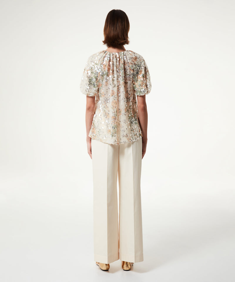 Machka Floral Pattern Sequined Blouse Ecru