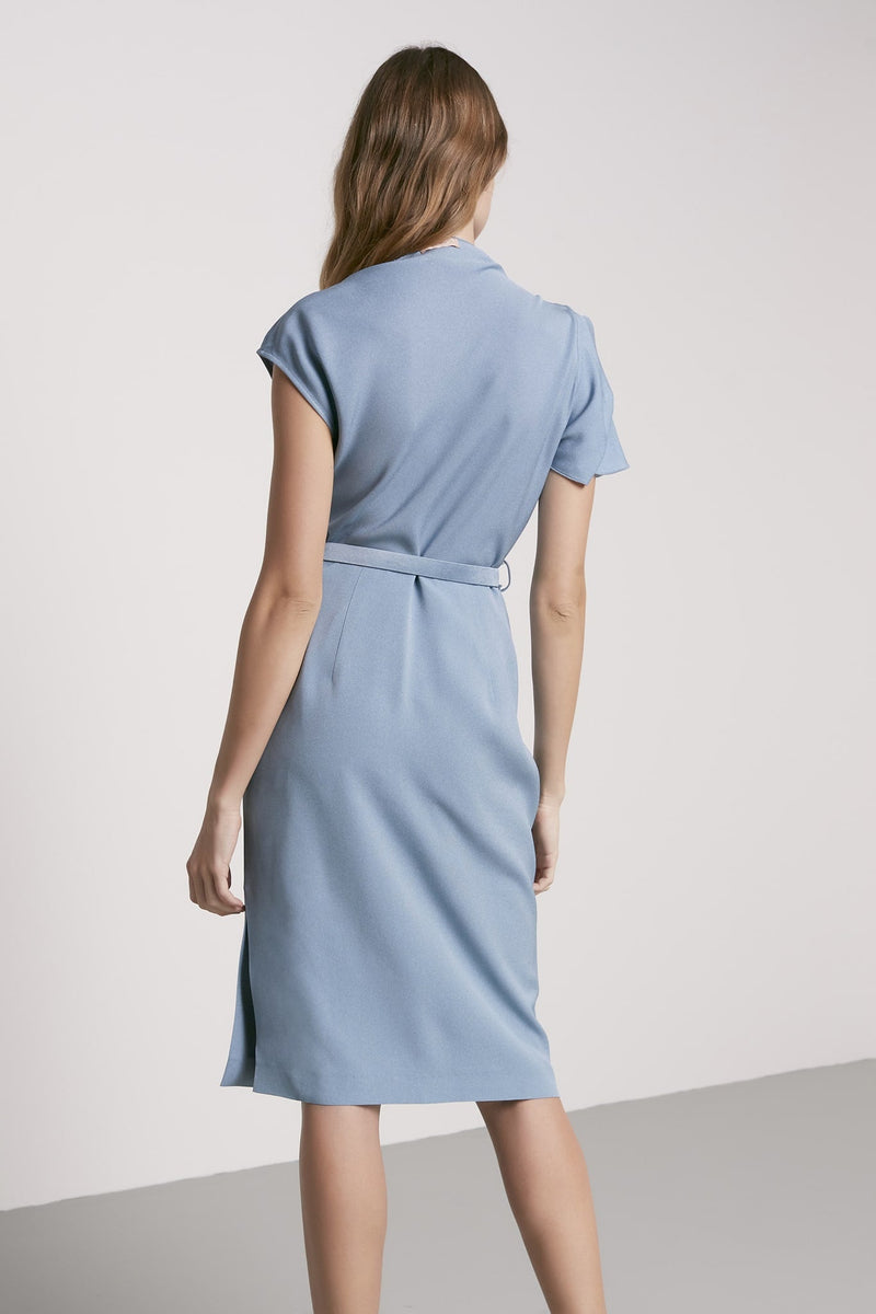 Machka Asymmetrical Sleeve Belted Dess Light Blue