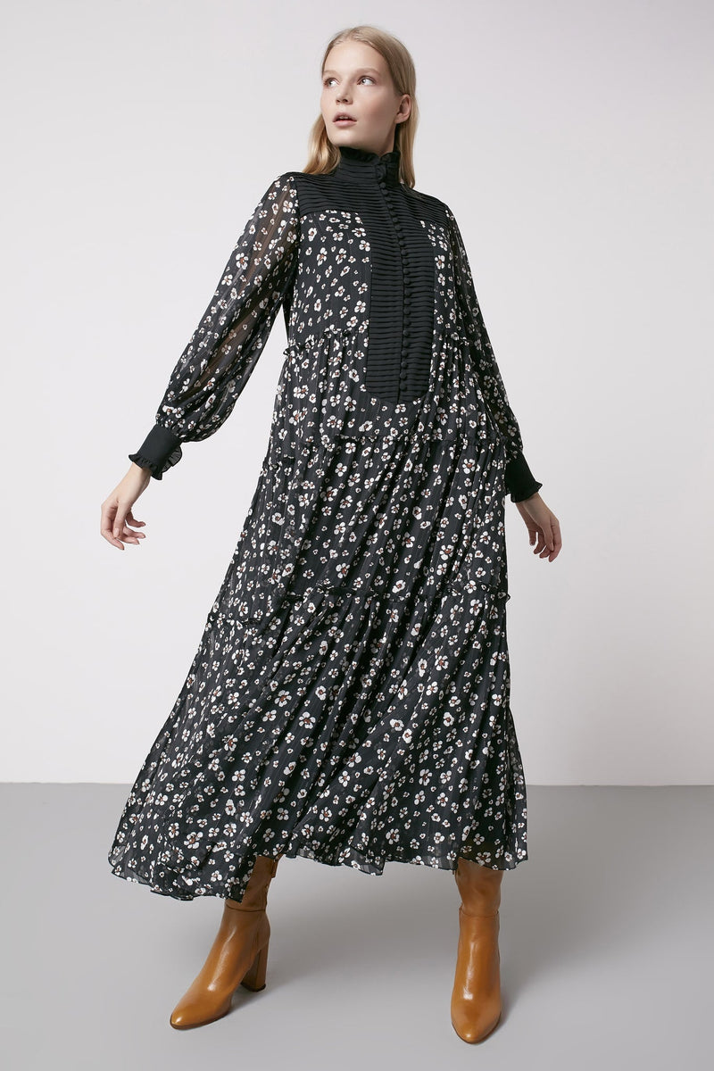 Machka Floral Print High Neck Dress Black