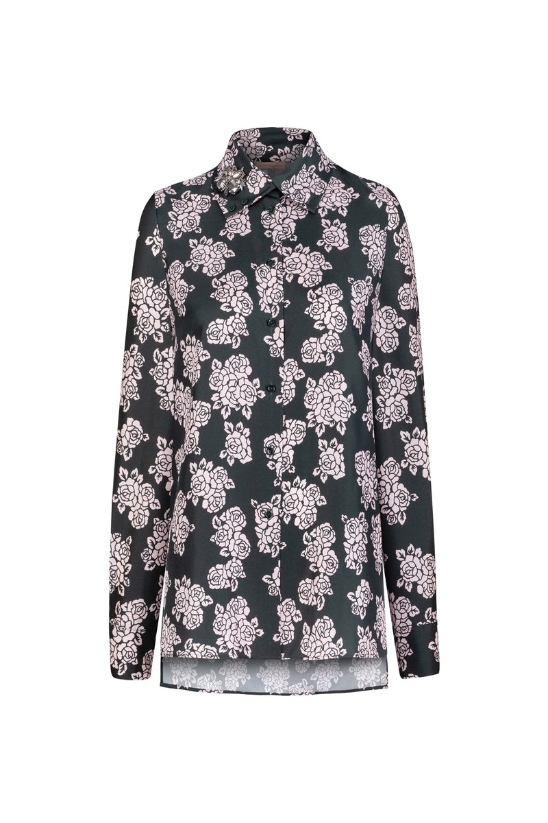 Machka Floral Print Collar Embellished Shirt Dark Green