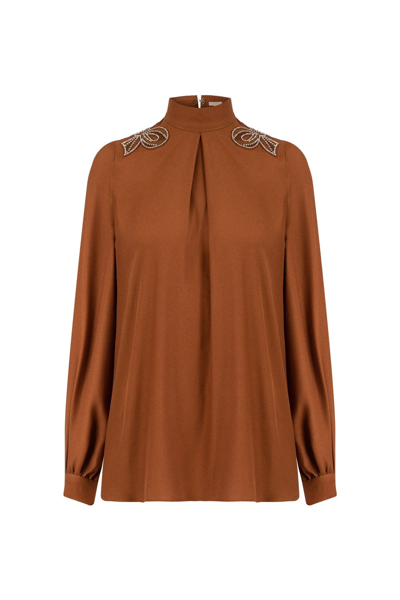 Machka Embellished Detail High Neck Blouse Brick