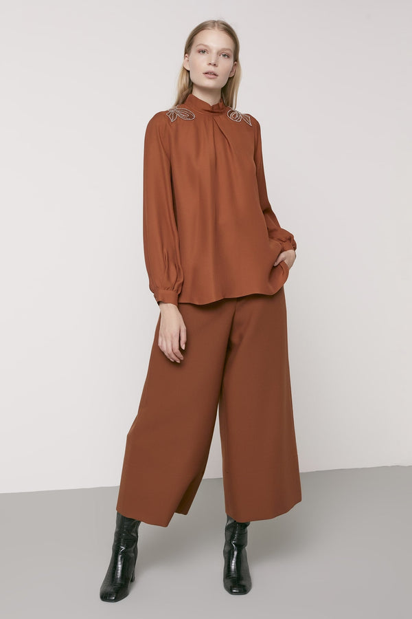 Machka Embellished Detail High Neck Blouse Brick