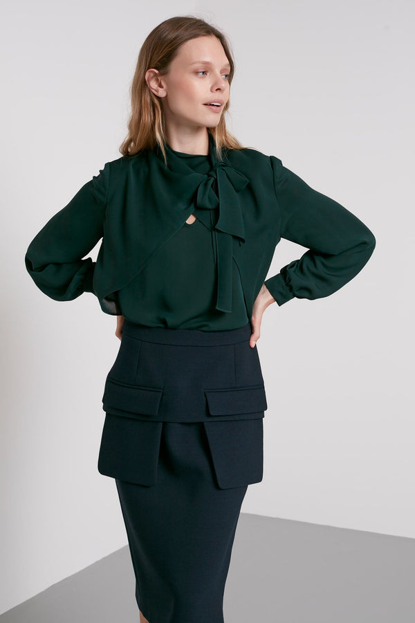 Machka Collar Tie Detail Blouse Dark Green