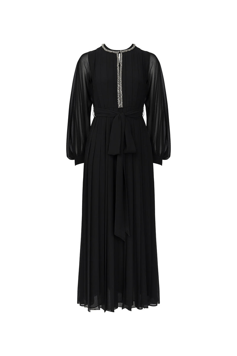 Machka Jewel Neckline Pleated Dress Black