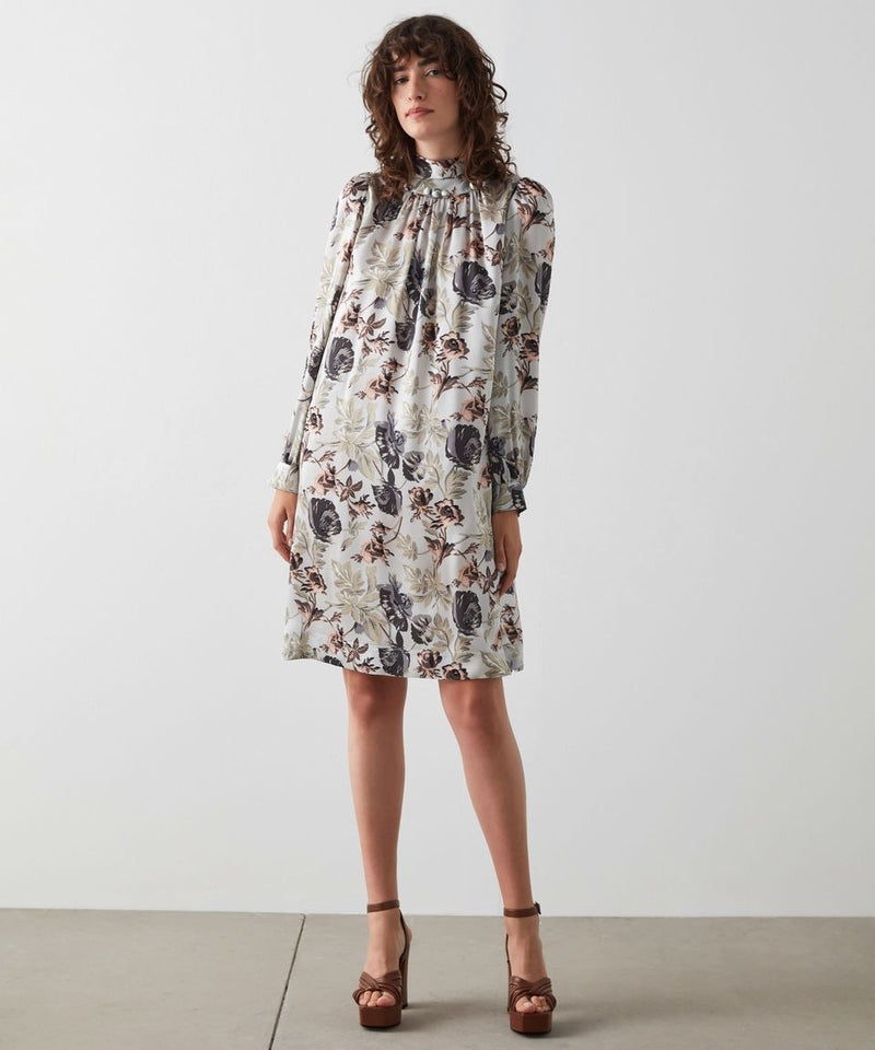 Machka Rose Pattern Silk Dress Pearl Grey