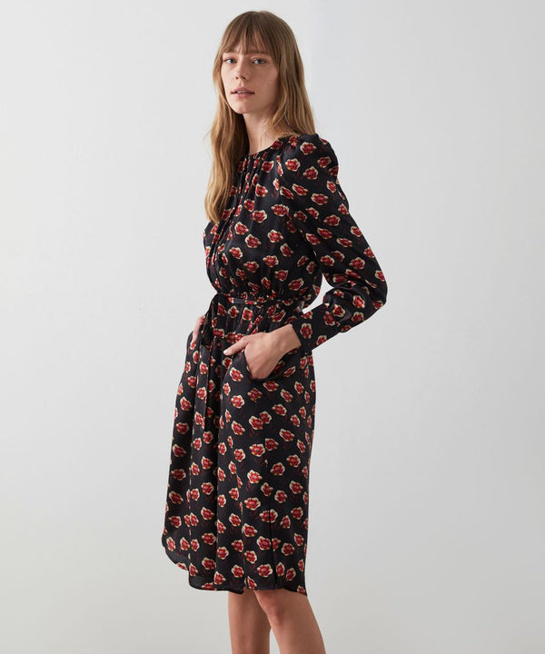 Machka Rose Pattern Silk Twill Dress Black