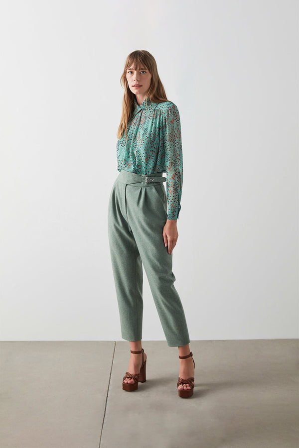 Machka Wool High Waist Trouser Almond Green