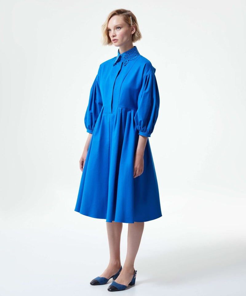 Machka Schiffli Collar Solid Flared Dress Electric Blue