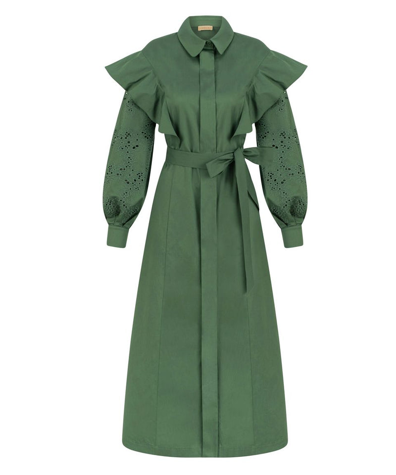 Machka Laced Sleeve Solid Shirt Dress D.Green