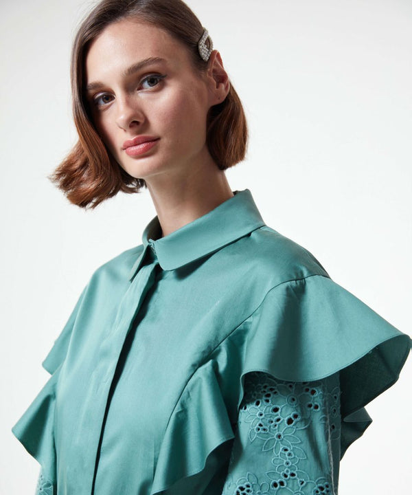 Machka Laced Sleeve Solid Shirt Dress D.Green