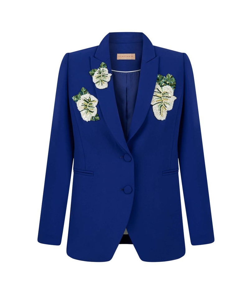 Machka Floral Patch Solid Notched Blazer Sax