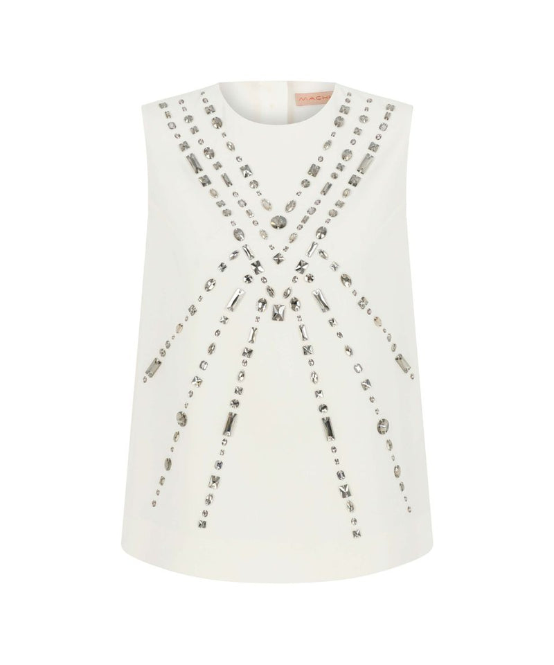 Machka Stylish Stone Embellished Sleeveless Blouse Off White