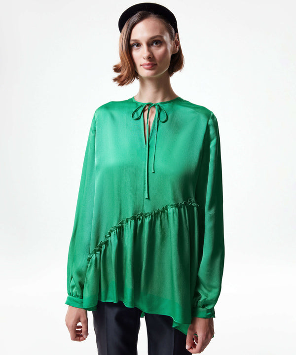 Machka Asymmetrical Frill Flounce  Blouse Green