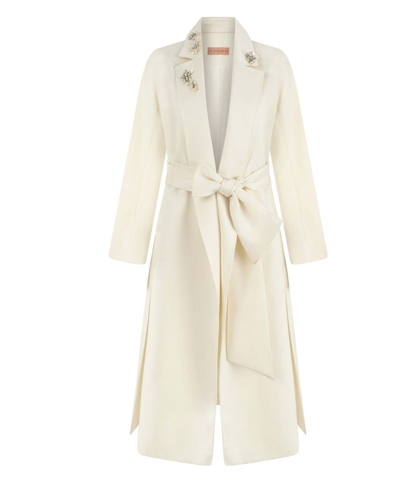 Machka Embellished Collar Long Solid Trench Coat Off White