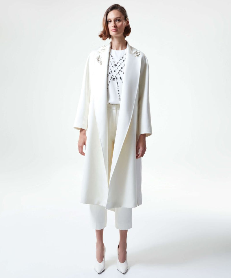 Machka Embellished Collar Long Solid Trench Coat Off White