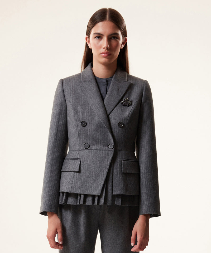 Machka Pleated Blazer With Brooch Accessory Grey