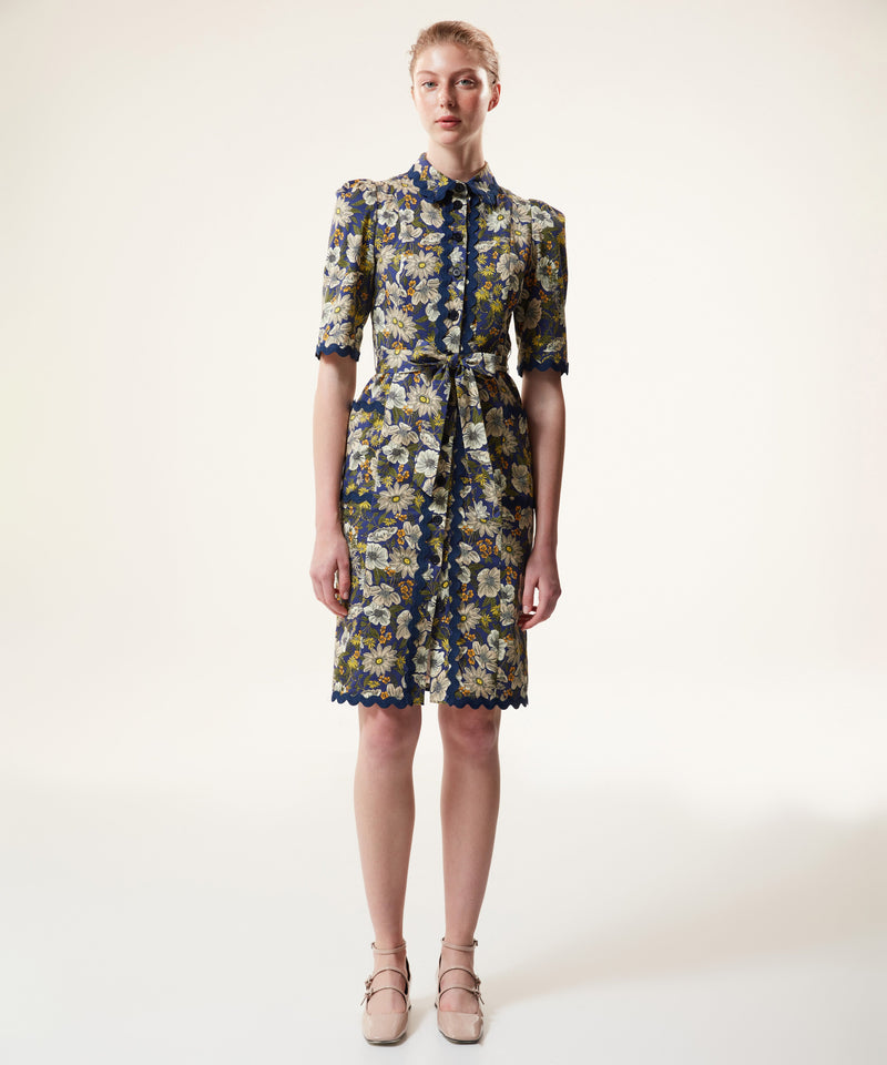 Machka Floral Pattern Belted Shirt Dress Navy Blue