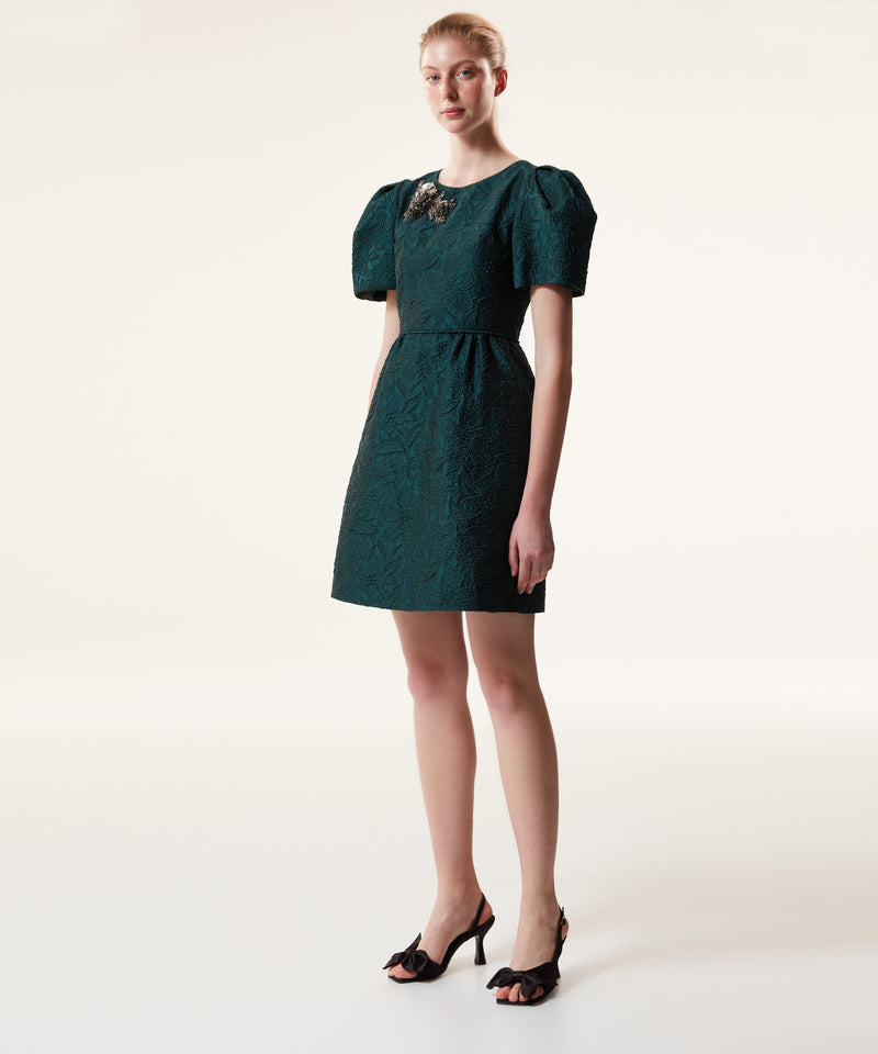 Machka Jacquard Floral Module Embroidered Dress Dark Green