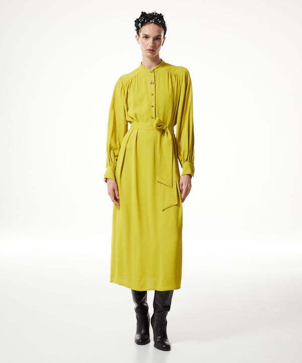 Machka Belted Dress With Stone Button Details Yellow